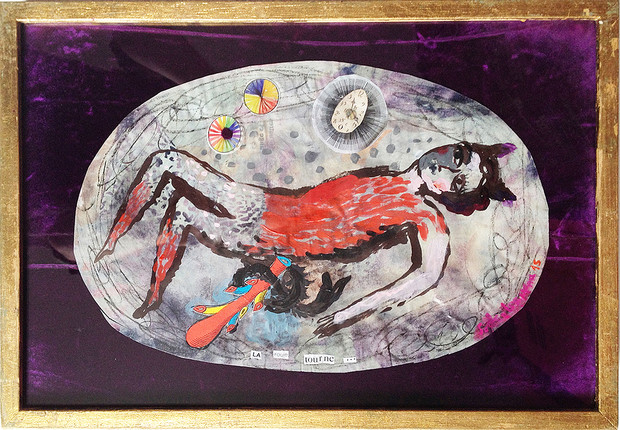 la-roue-tourne-tableau-acrylique-papier-sous-verre-collage-velours-soie-violet-cardinal-diblotin-diable-temps-qui-passe-la-vie-peinture-artiste-contemporain-art-paris-sophie-lormeau-onirisme