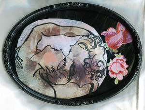 Mon amour petit tableau peinture contemporaine scrylique sur papier sous verre oval couple amoureux baiser tendresse câlin corps rose artiste paris sophie lormeau onisisme evanescent fiancés