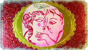 Le Baiser petit tableau painture contemporaine acrylique papier verre collage paillettes rouge tendresse bisou amour maoureux fiancé mariage onirisme klimt chagall art paris sophie lormeau