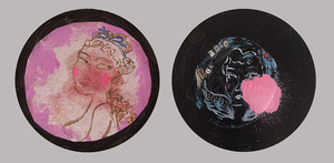 couple amoureux, homme femme, art contemporain figuratif, petite peinture acrylique collage et aerosol sur toile ronde, tableau rondo, duo, diptyque, histoire d'amour, saint valentin