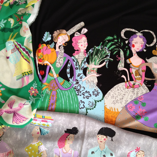 dessin textile, creation pour styliste japonaise, traditionnel, folklore, personnage, illustration, textile design, Japanese designer, traditional, folklore character, figuratif, colorful,