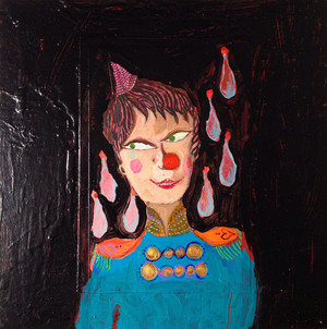 painting, acrylic, collage, clown, black, noir, monsieur loyal, circus, cirque, contemporary art, paris, artiste, femme, nez , regard, portrait, figurative, figuratif, larmes, green eyes, yeux
