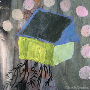 déracine, peinture, sophie lormeau, artiste contemporaine, art figuratif, figuration libre, art singulier, french artist, paris, happy art, colorful, contemporary art, racine, root, maison