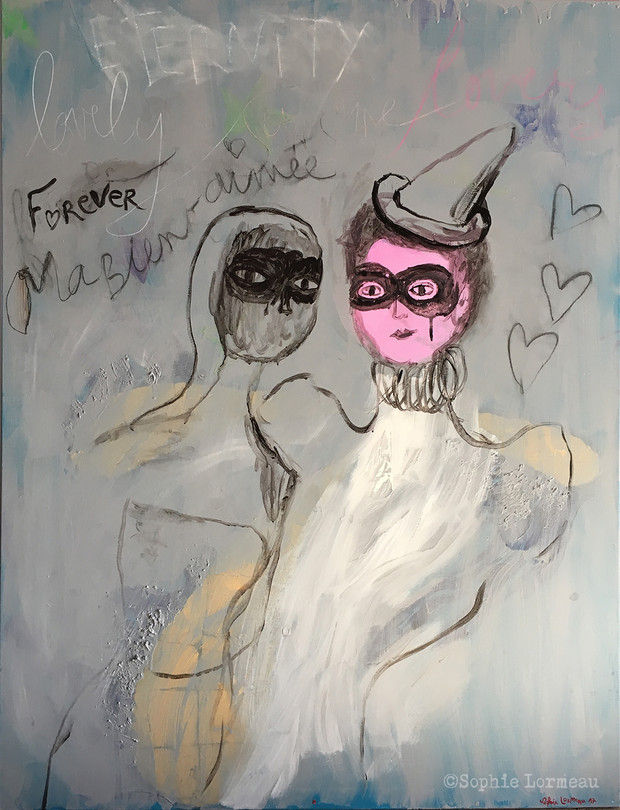 forever-ma-bien-aimée-lover-lovers-couple-in-love-amour-amoureux-masque-mask-pour-toujours-sophielormeau-lormeau-artiste-peinture-french-artist-art-tableau-toile-painting-peinture-canvas-grey