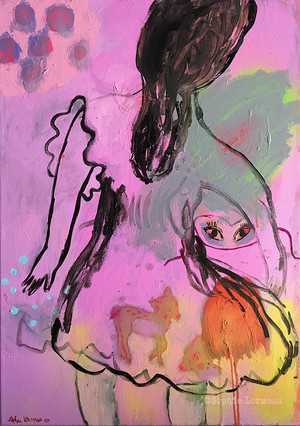 errance-lady-woman-pink-masque-mask-bambi-dos-childhood-dress-paon-past-wandering-child-sophielormeau-lormeau-artiste-peinture-french-artist-art-tableau-toile-painting-peinture-canvas-grey-
