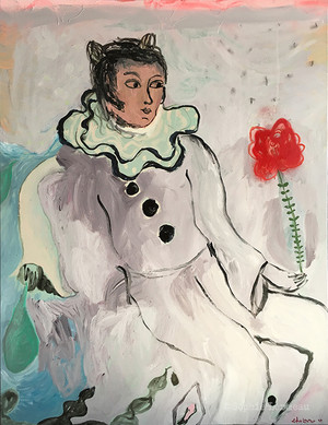 man-dreaming-homme-reve-reveur-romantique-romantic-rose-pierrot-dream-amoureux-lover-lovers-in-love-amour-sophie-lormeau-artiste-peinture-french-artist-art-tableau-toile-painting-peinture-