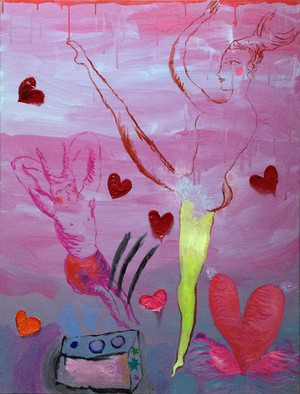 exposition collective sophie lormeau artiste femme francaise french artist figurative art contemporary Hopital Britanique colorful pink mixed media on canvas tableau figuratif boite de Pandore